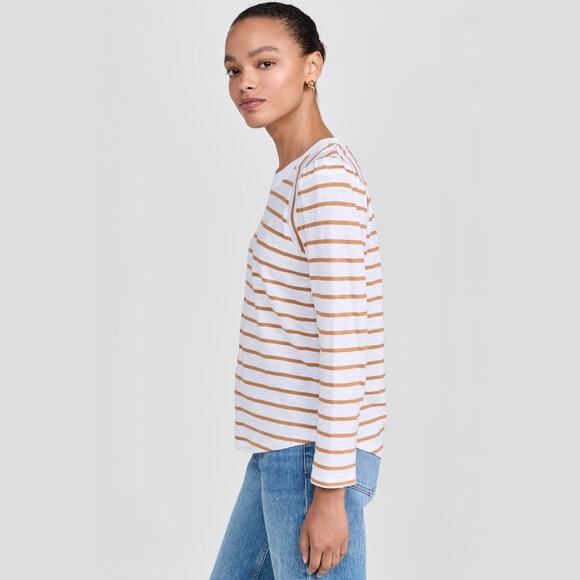 Veronica Beard Mason Stripe Puff Sleeve Baseball Tee White Caramel Size M - Picture 8 of 16